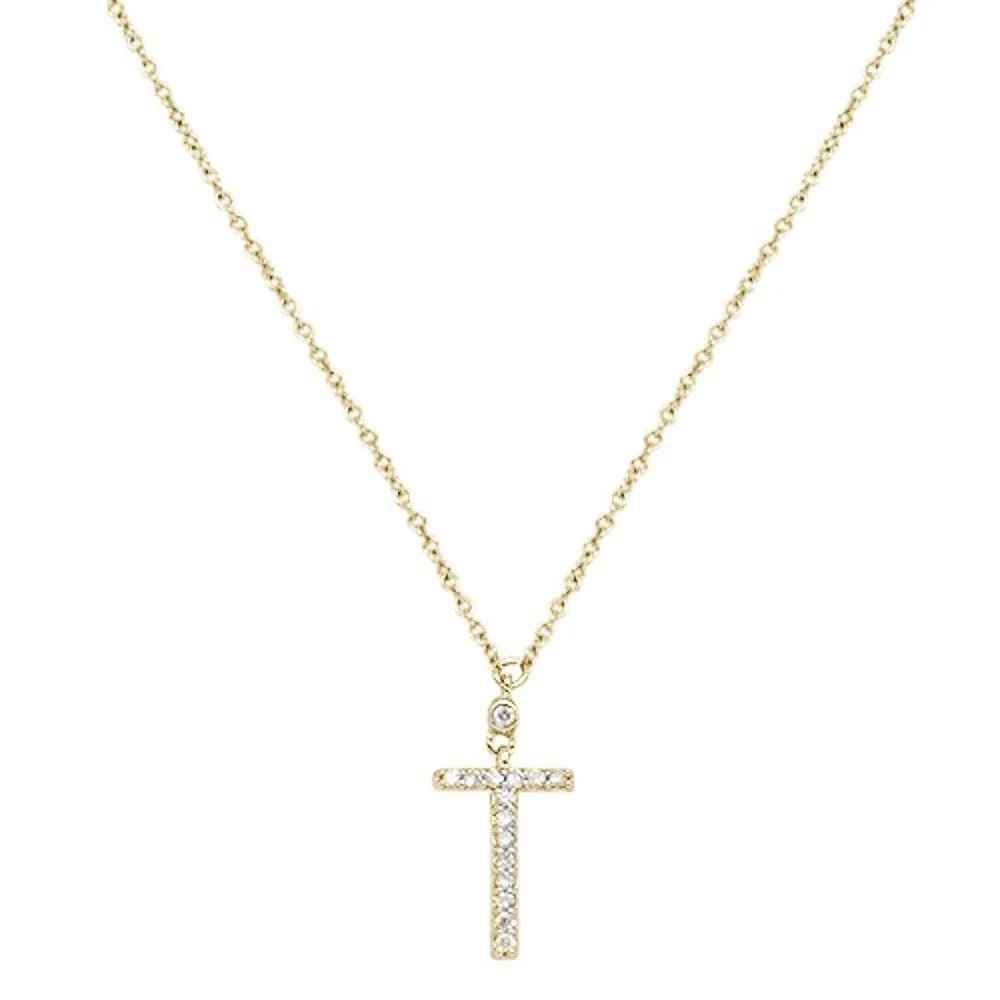 .07cts 10kt Yellow Gold Round Diamond Cross Pendant Necklace 18" Long