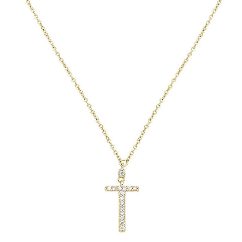 .07cts 10kt Yellow Gold Round Diamond Cross Pendant Necklace 18" Long