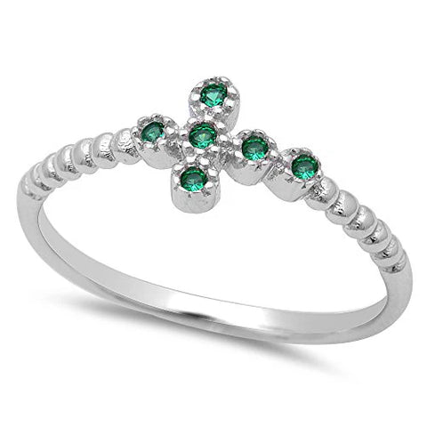 Simulated Emerald Sideways Cross .925 Sterling Silver Ring