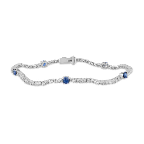 2.69ct G SI 14K White Gold Diamond & Blue Sapphire Gemstones Tennis Bracelet 7" Long