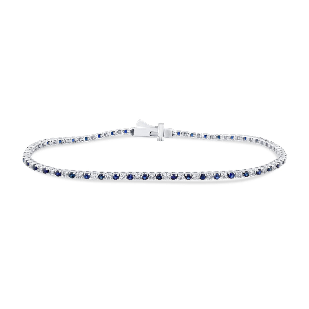 2.19ct G SI 14K White Gold Blue Sapphire & Diamond Tennis Bracelet 7" Long