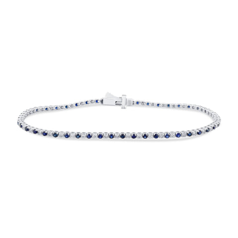 2.19ct G SI 14K White Gold Blue Sapphire & Diamond Tennis Bracelet 7" Long