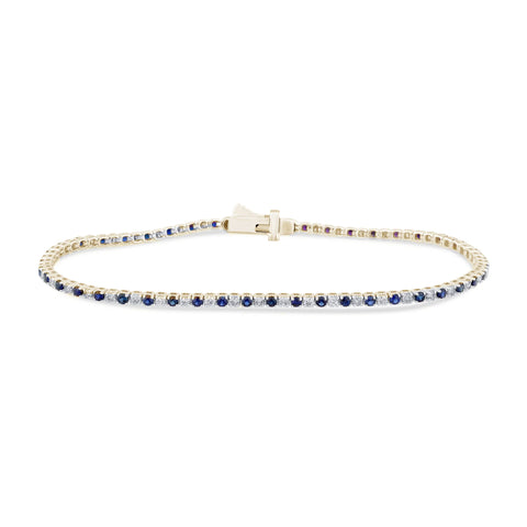 2.09ct G SI 14K Yellow Gold Blue Sapphire & Diamond Tennis Bracelet 7" Long