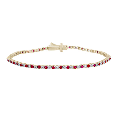 2.02ct G SI 14K Yellow Gold Ruby Gemstone & Diamond Tennis Bracelet 7" Long