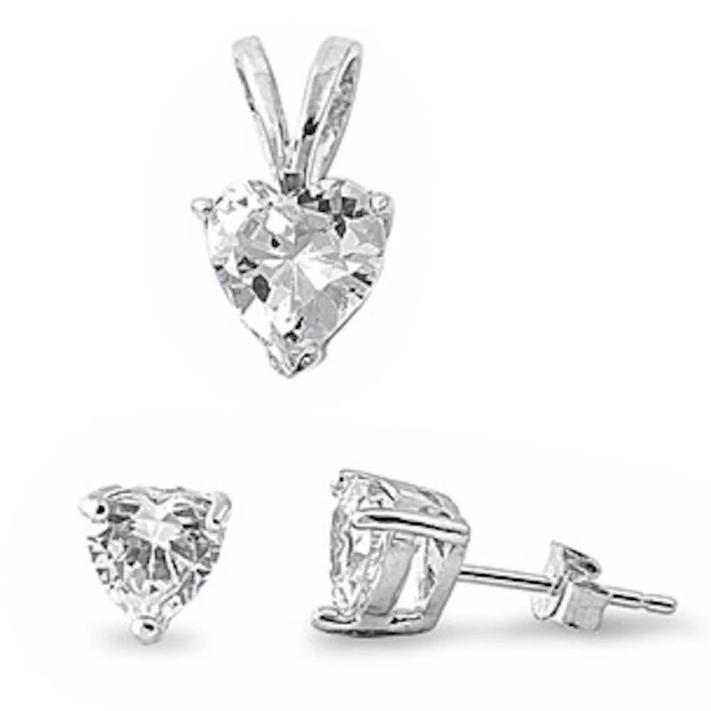 Cz Heart Pendant & Earrings Set .925 Sterling Silver