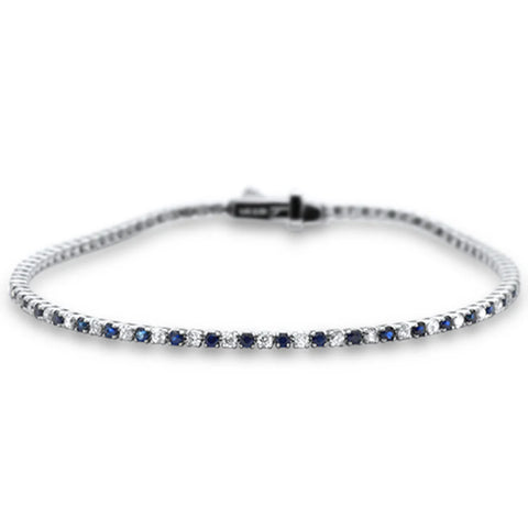 2.19ct G SI 14K White Gold Blue Sapphire & Diamond Tennis Bracelet 7" Long