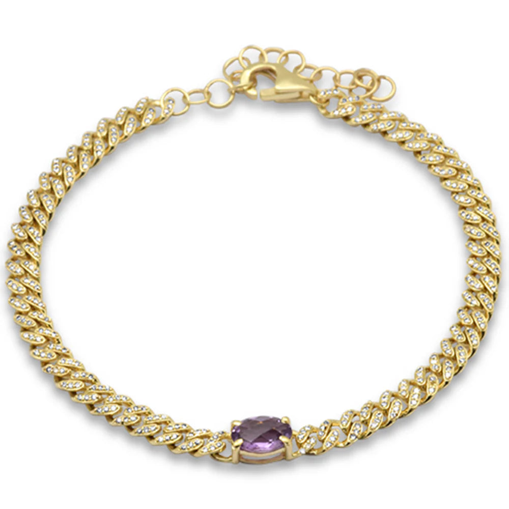 1.20ct G SI 14K Yellow Gold Diamond & Amethyst Gemstone Chain Bracelet 6+1.5" Long