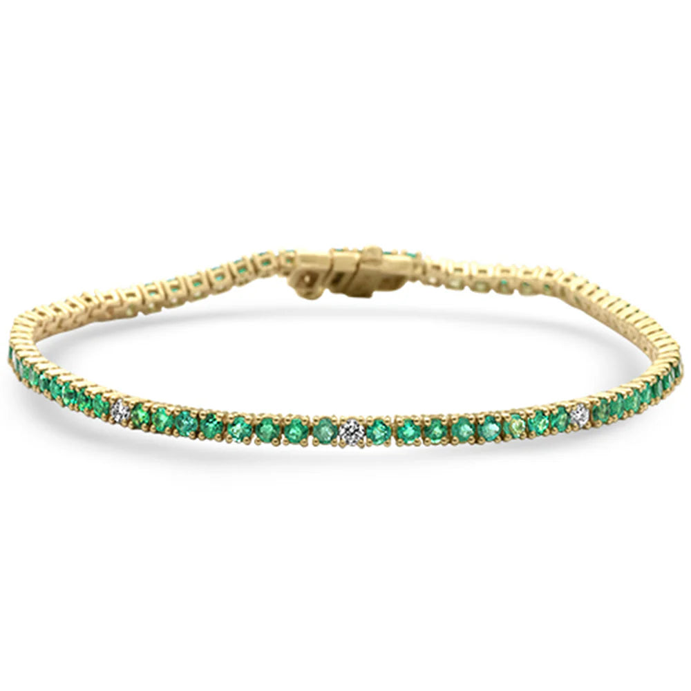 2.66ct G SI 14K Yellow Gold Diamond & Green Emerald Tennis Bracelet 7" Long