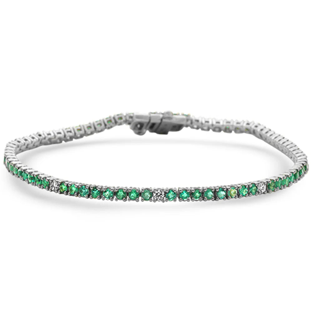 2.66ct G SI 14K White Gold Diamond & Green Emerald Tennis Bracelet 7" Long