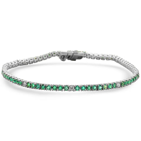 2.66ct G SI 14K White Gold Diamond & Green Emerald Tennis Bracelet 7" Long