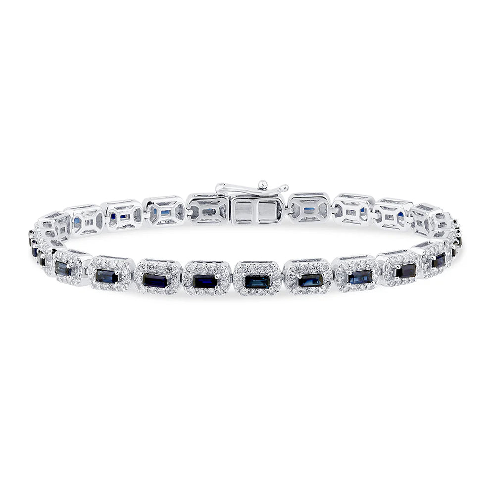 3.62ct G SI 14K White Gold Diamond & Blue Sapphire Gemstones Tennis Bracelet 7" Long