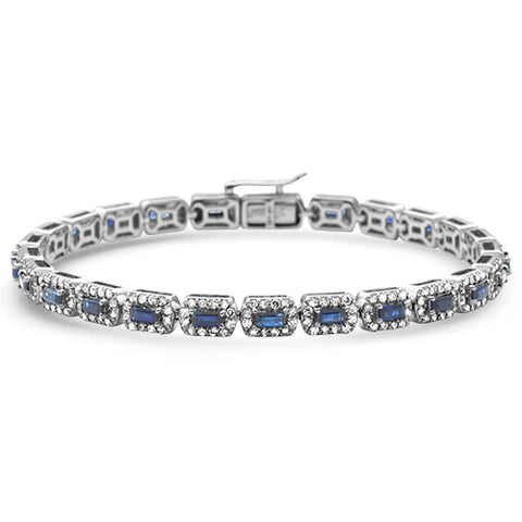 3.62ct G SI 14K White Gold Diamond & Blue Sapphire Gemstones Tennis Bracelet 7" Long