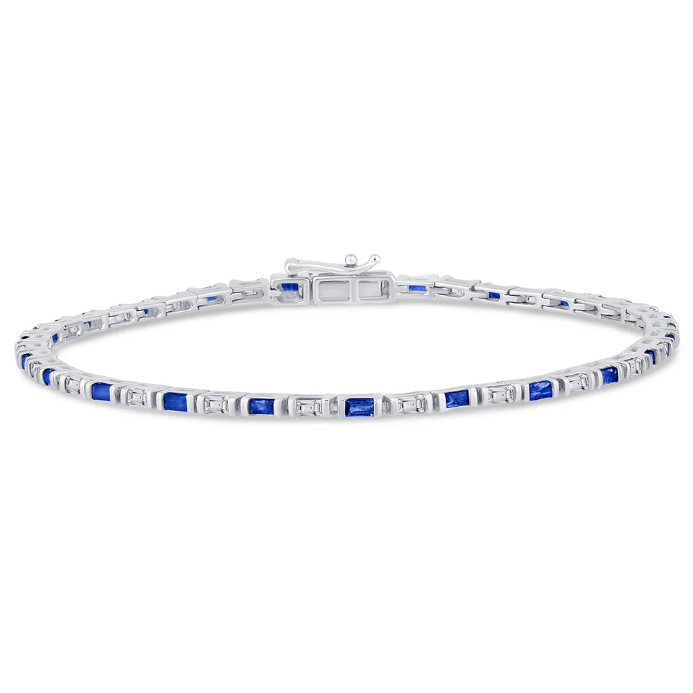 1.90ct G SI 14K White Gold Diamond & Blue Sapphire Gemstones Tennis Bracelet 7" Long