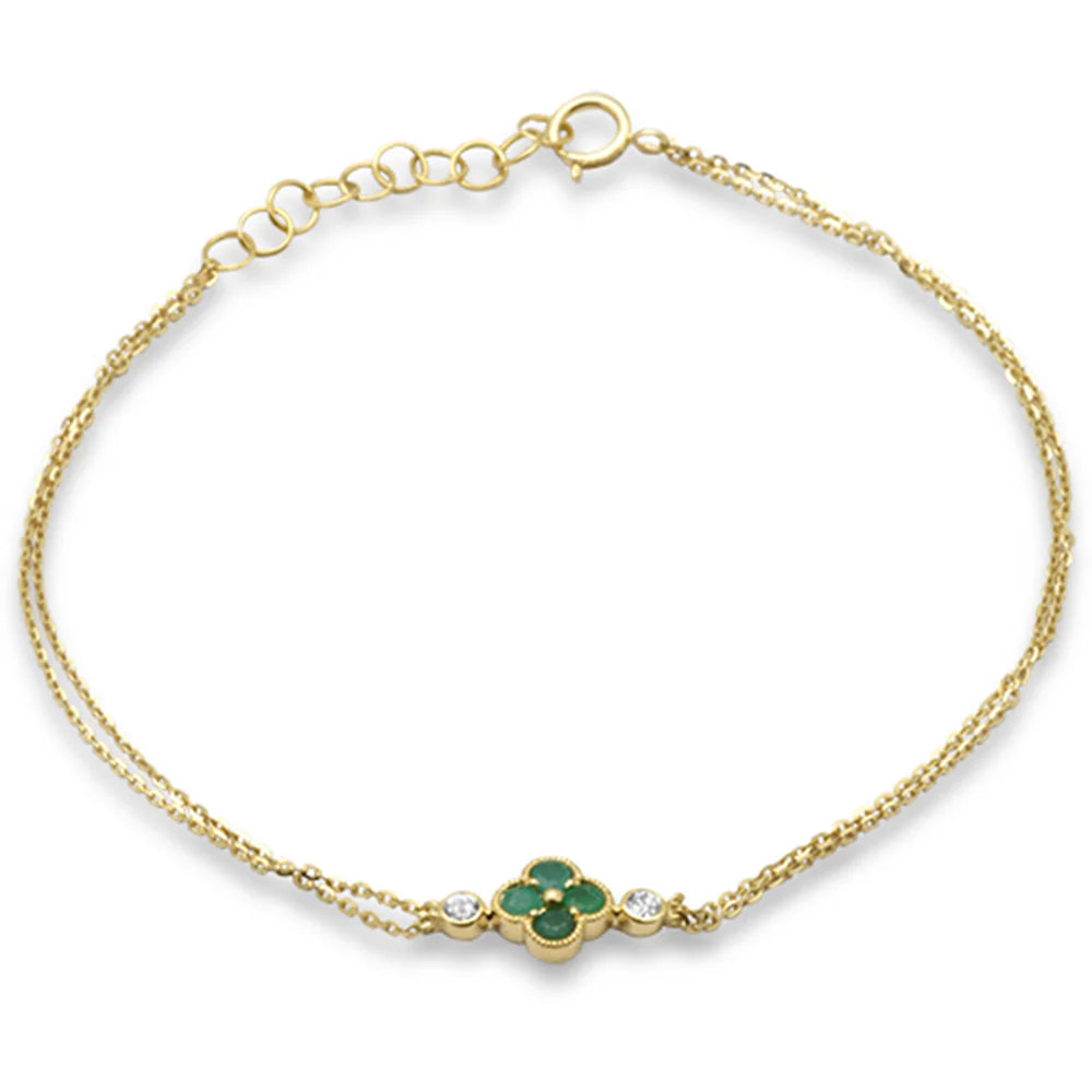 .22ct G SI 14K Yellow Gold Diamond & Emerald Gemstones Clover Chain Bracelet