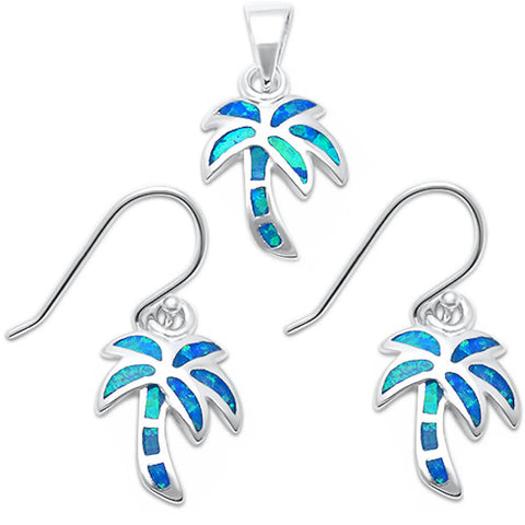 Blue Opal Palm Tree .925 Sterling Silver Earrings & Pendant Set