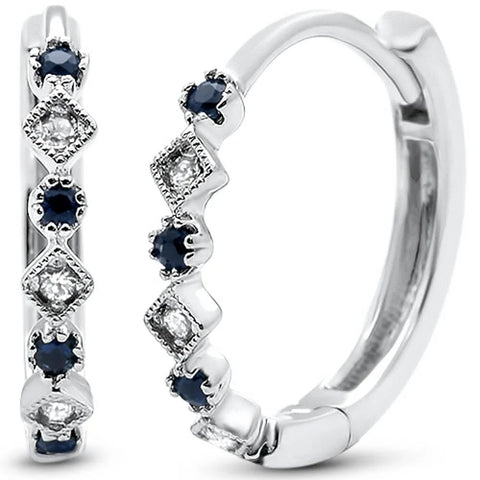 .16ct G SI 14k White Gold Diamond & Blue Sapphire Hoop Huggie Antique Earrings