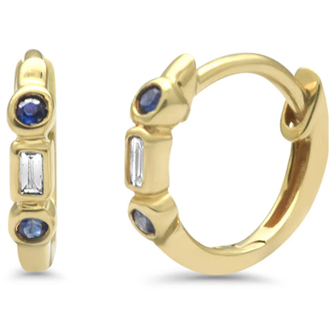 .10ct G SI 14K White Gold Diamond & Blue Sapphire Gemstone Petite Hoop Earrings Push Back