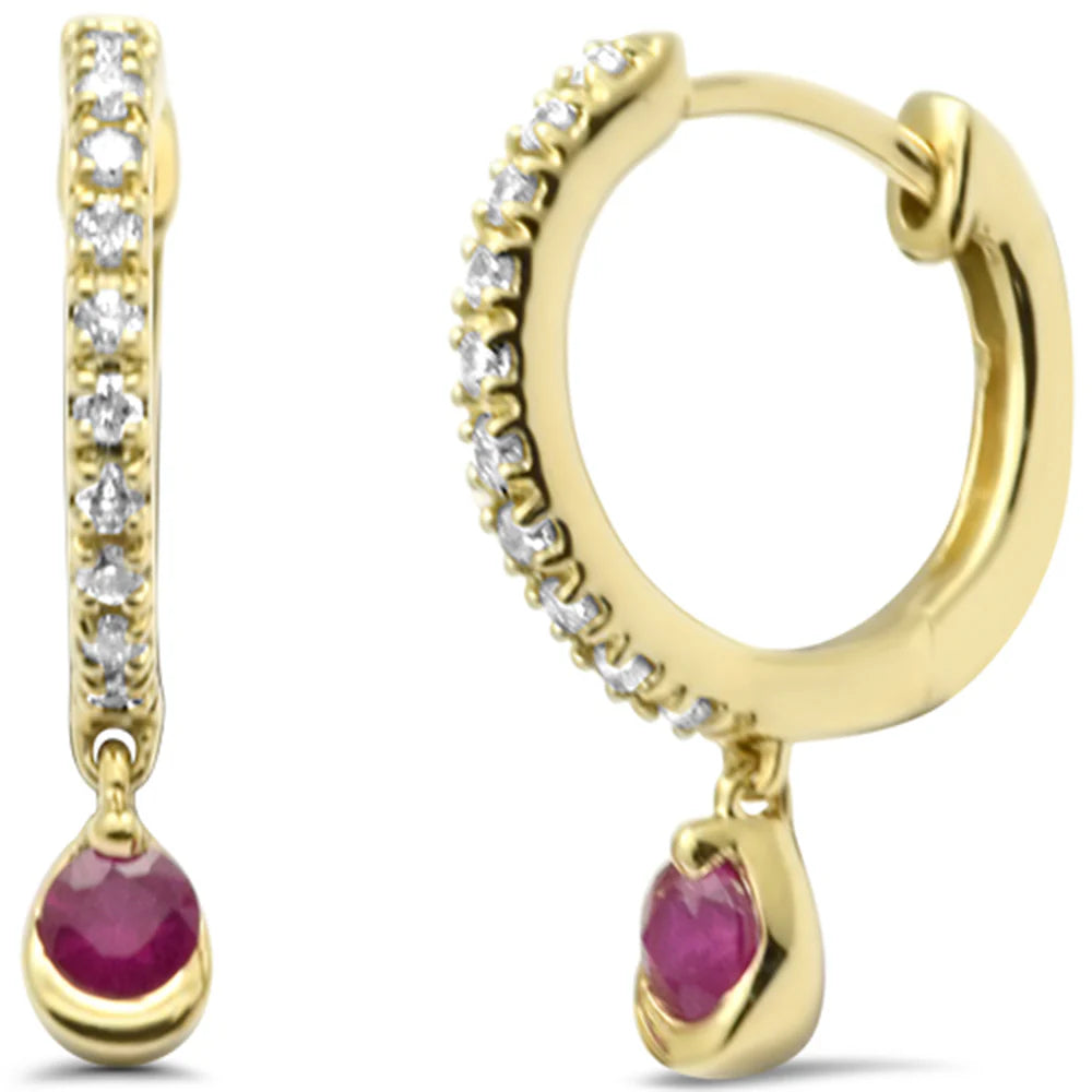 .22ct G SI 14K Yellow Gold Diamond & Ruby Gemstone Petite Hoop Earrings Post & Click