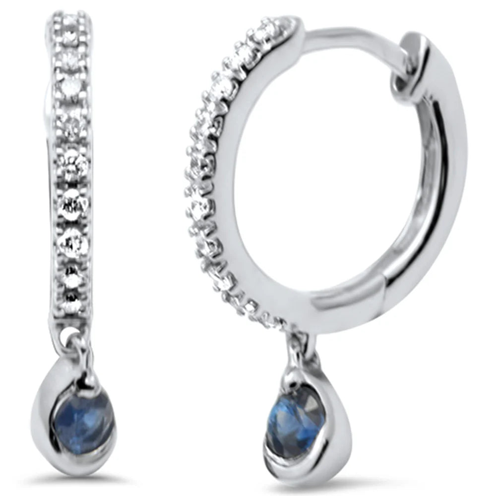 .24ct G SI 14K White Gold Diamond & Blue Sapphire Gemstone Petite Hoop Earrings Post & Click