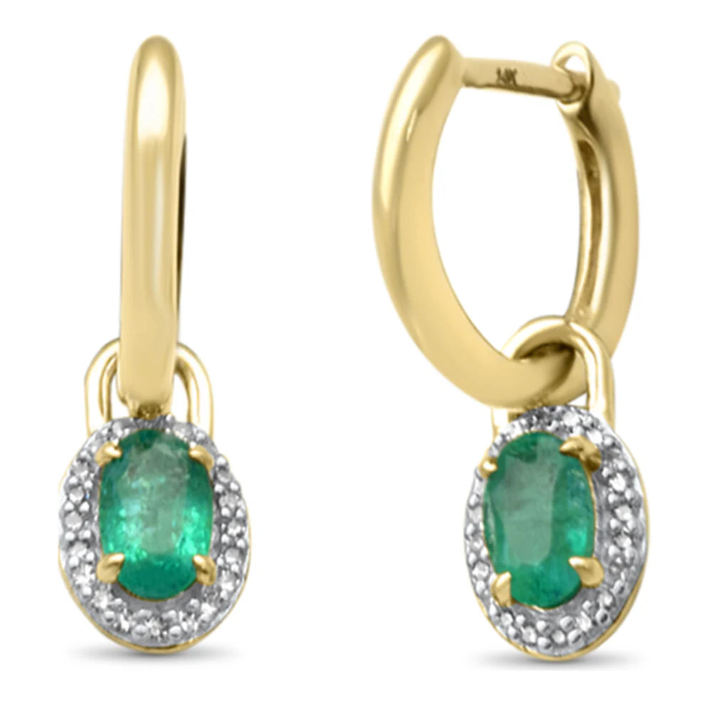 .50ct G SI 14K Yellow Gold Diamond & Emerald Gemstones Dangling Hoop Earrings