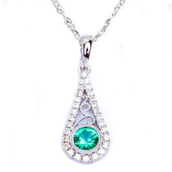 .42ct May Birthstone Green Emerald & Diamond 14kt White Gold Pendant W/ Chain