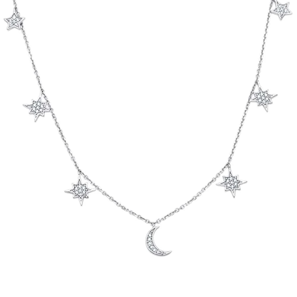 18ct 14kt White Gold Crescent Moon & Stars Diamond Pendant Necklace 18"