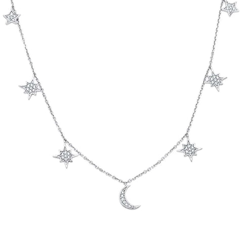 18ct 14kt White Gold Crescent Moon & Stars Diamond Pendant Necklace 18"