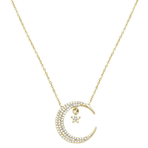 .17ct 14k Yellow Gold Crescent Moon Star Diamond Heart Pendant Necklace 18" Long