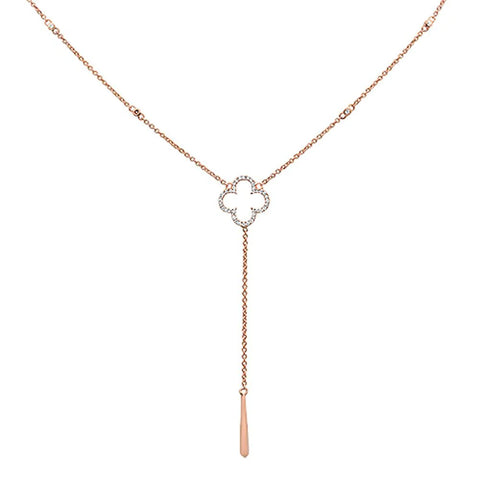 .16cts 14k Rose Gold Diamond Clover Drop Lariat Pendant Necklace 18"