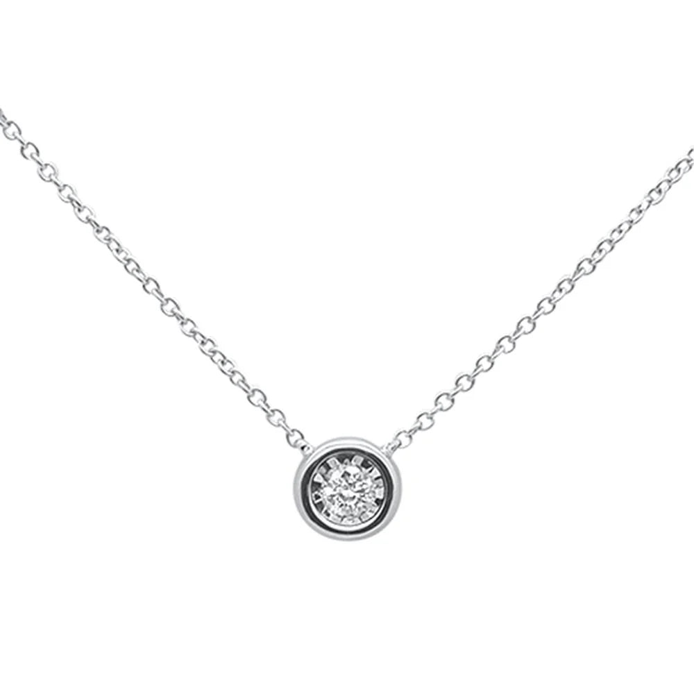 .11ct 14k White Gold Round Diamond Bezel Solitaire Pendant Necklace 18"