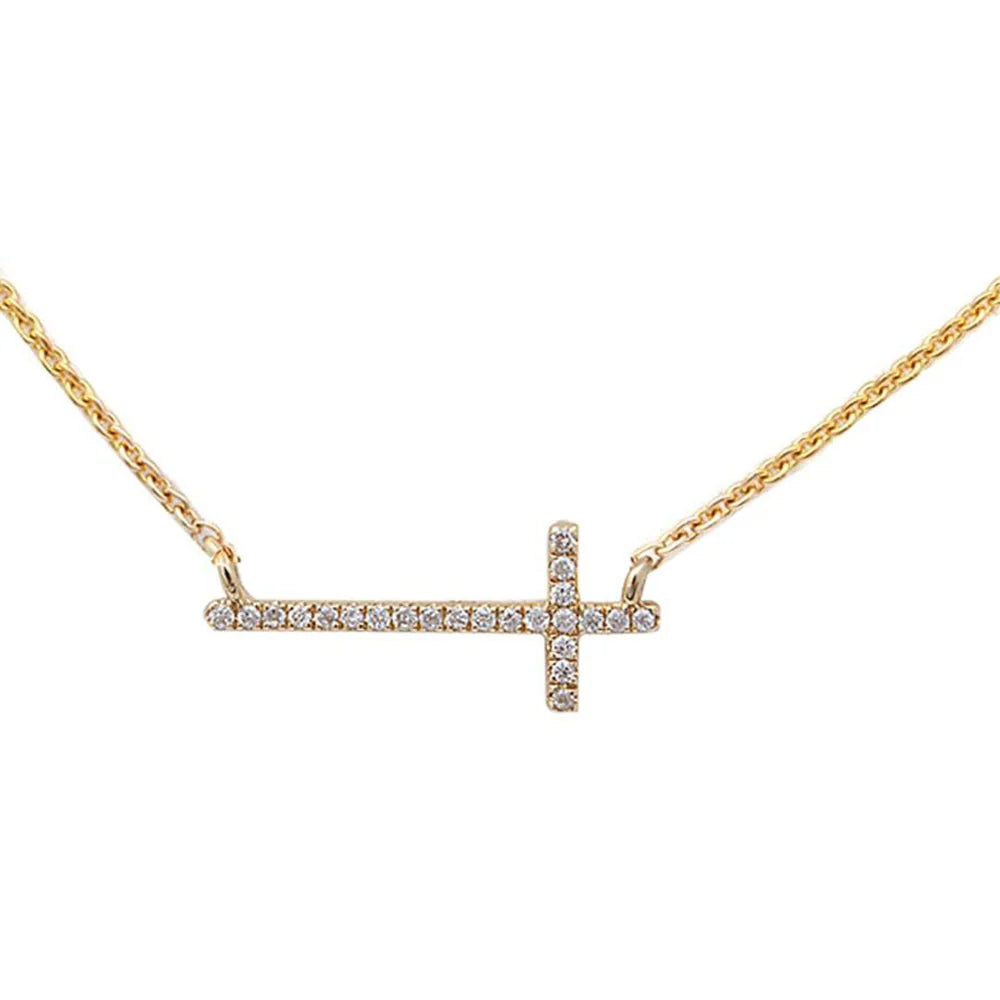 .06ct 10k Yellow Gold Diamond Sideways Cross Trendy Pendant Necklace 18"