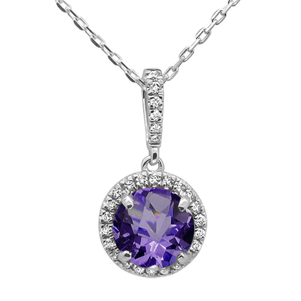 ! 2.59ct 14K White Gold Natural Amethyst & Diamond Pendant Necklace 18"