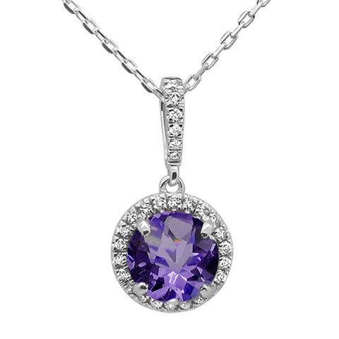 ! 2.59ct 14K White Gold Natural Amethyst & Diamond Pendant Necklace 18"