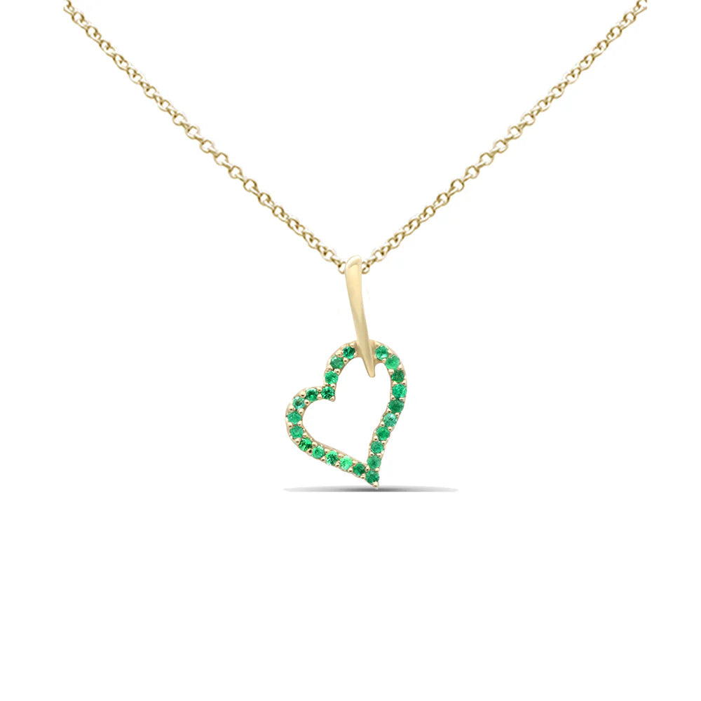 .09ct G SI 14K Yellow Gold Emerald Gemstone Heart Charm Pendant Necklace 18" Long