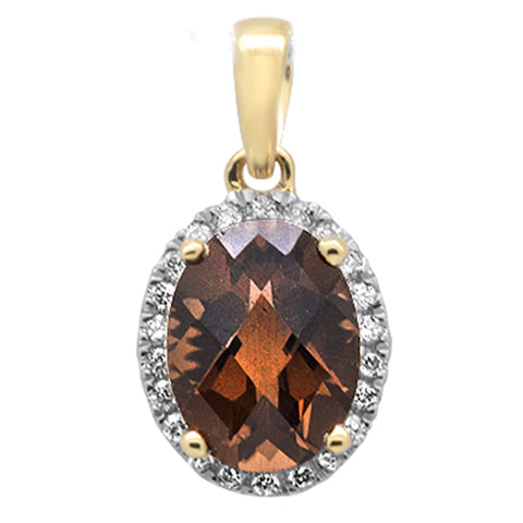 1.13ct G SI 14K Yellow Gold Oval Shaped Natural Smoky Topaz Gemstone & Diamond Pendant