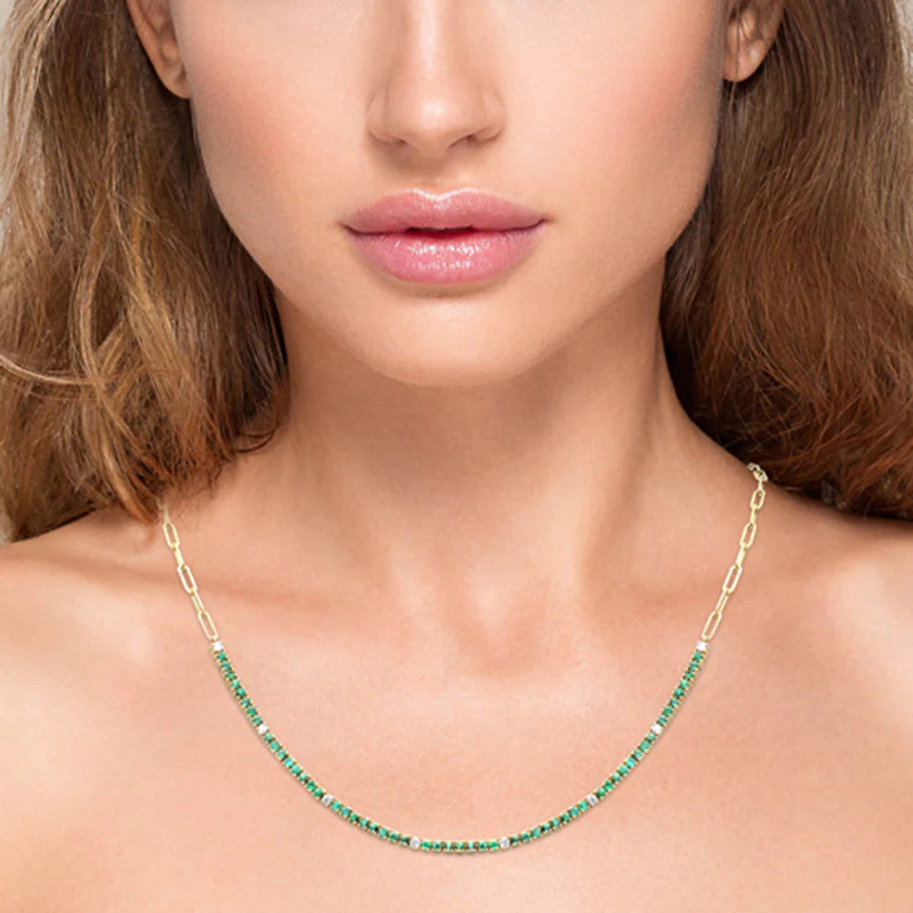 2.23ct G SI 14K Yellow Gold Diamond & Emerald Gemstone Paperclip Tennis Necklace 16+1" Long