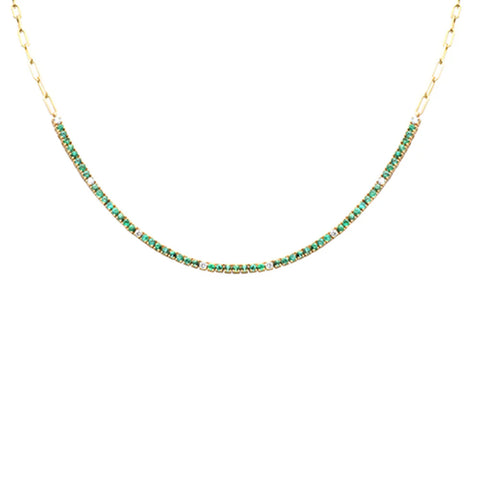 2.23ct G SI 14K Yellow Gold Diamond & Emerald Gemstone Paperclip Tennis Necklace 16+1" Long