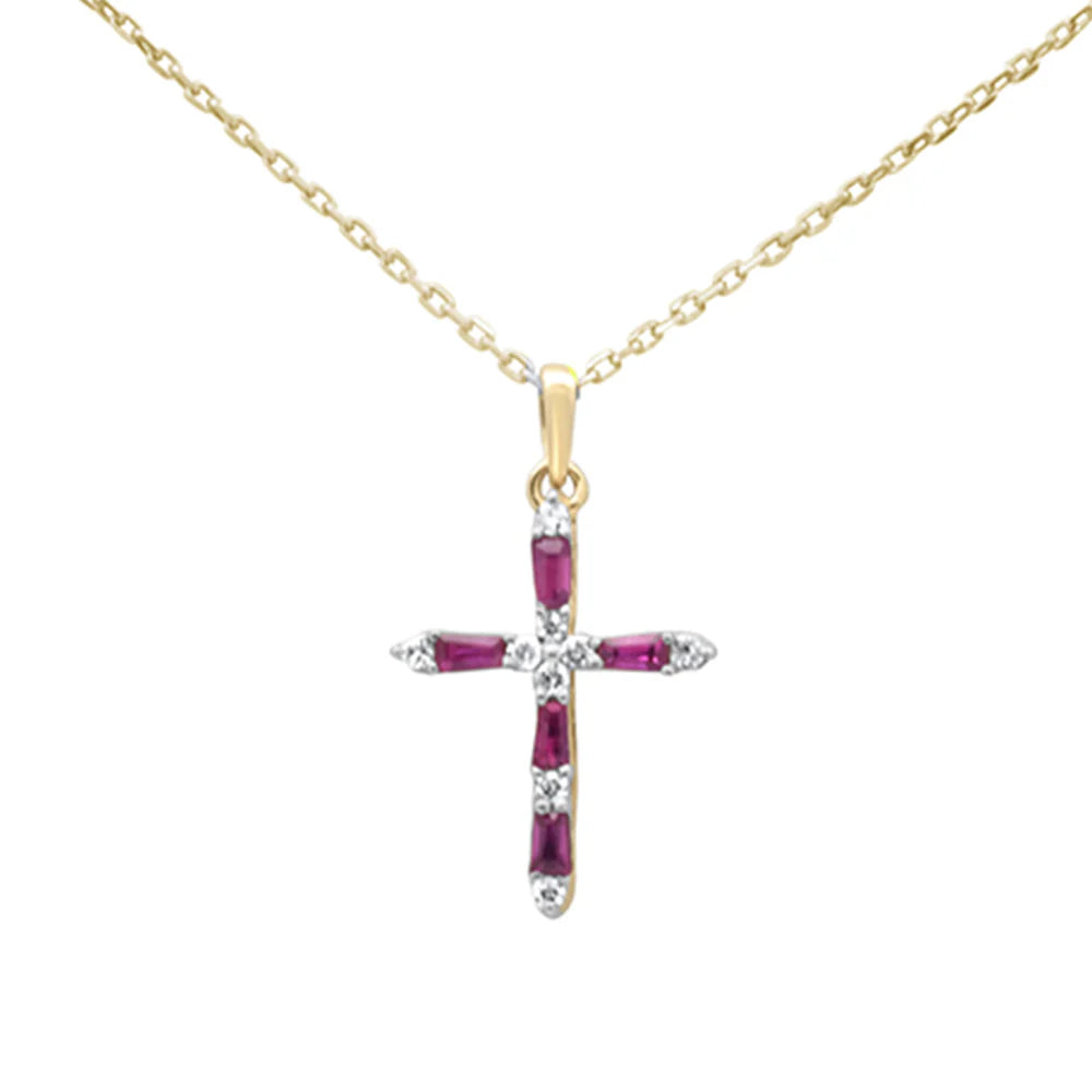 .33ct G SI 14K Yellow Gold Diamond & Ruby Gemstone Pendant Cross Necklace 18" Long