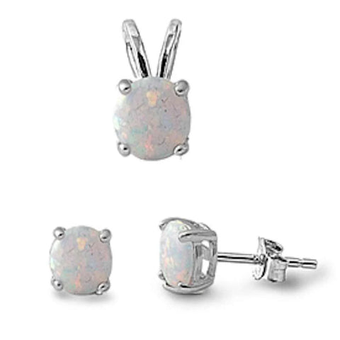 Round White Opal Pendant And Earrings Set .925 Sterling Silver