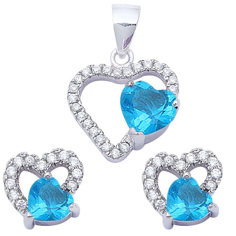 Blue Topaz & Cz Heart .925 Sterling Silver Earring & Pendant Jewelry Set