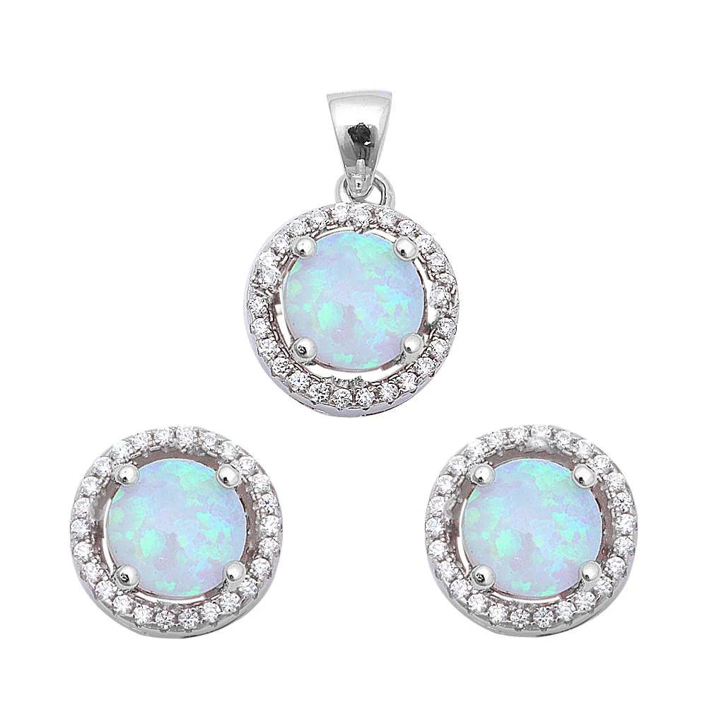 Halo White Fire Opal & Cubic Zirconia .925 Sterling Silver Earring & Pendant Set