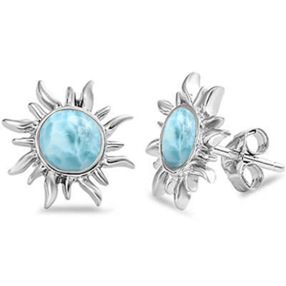 Natural Larimar Sun .925 Sterling Silver Earrings