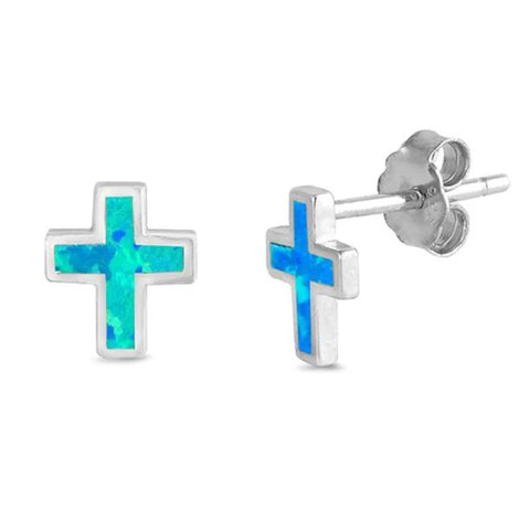 Blue Opal Cross .925 Sterling Silver Earrings