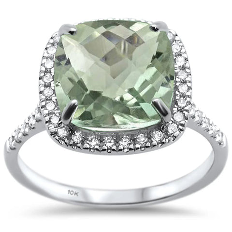 4.28ct 10k White Gold Cushion Green Amethyst & Diamond Ring