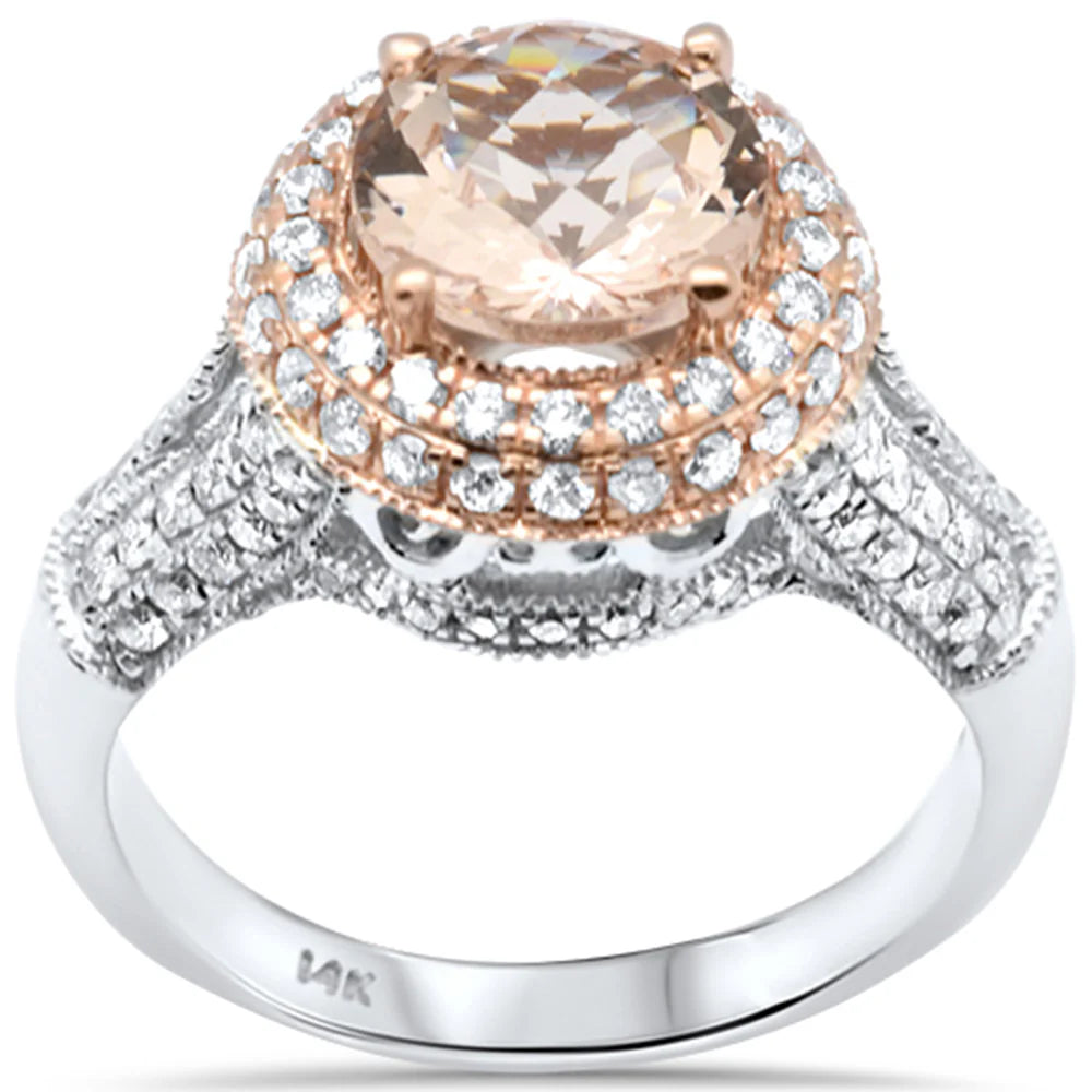 2.60ct G SI 14K Two Tone Double Halo Round Morganite Gemstone & Diamond Engagement Ring Size 6.5