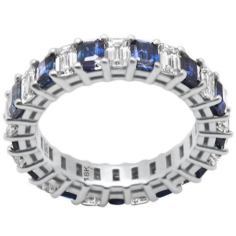 4.60ct F SI 18K White Gold Diamond & Blue Sapphire Eternity Ring Size 6.5