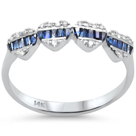 .35ct F SI 14K White Gold Heart Shaped Diamond & Blue Sapphire Band Ring Size 6.5