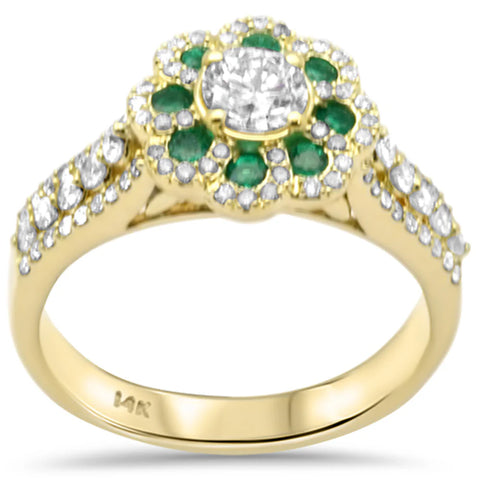 1.05ct G SI 14K Yellow Gold Diamond & Natural Emerald Gemstones Flower Ring Size 6.5