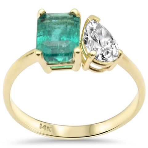 2.33ct Gemstones G SI 14K Yellow Gold Pear Diamond & Natural Emerald Gemstones Ring Size 6.5