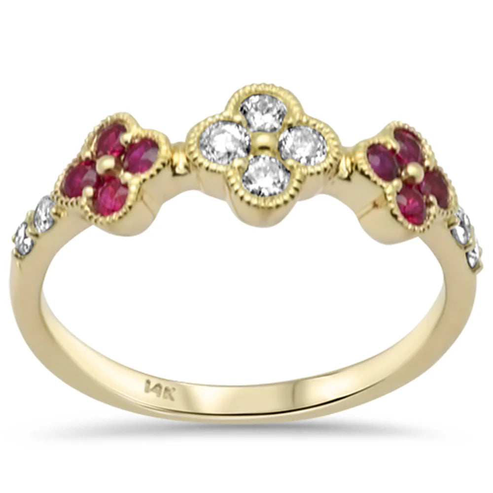 .25ct G SI 14K Yellow Gold Diamond & Ruby Flower Ring Size 6.5